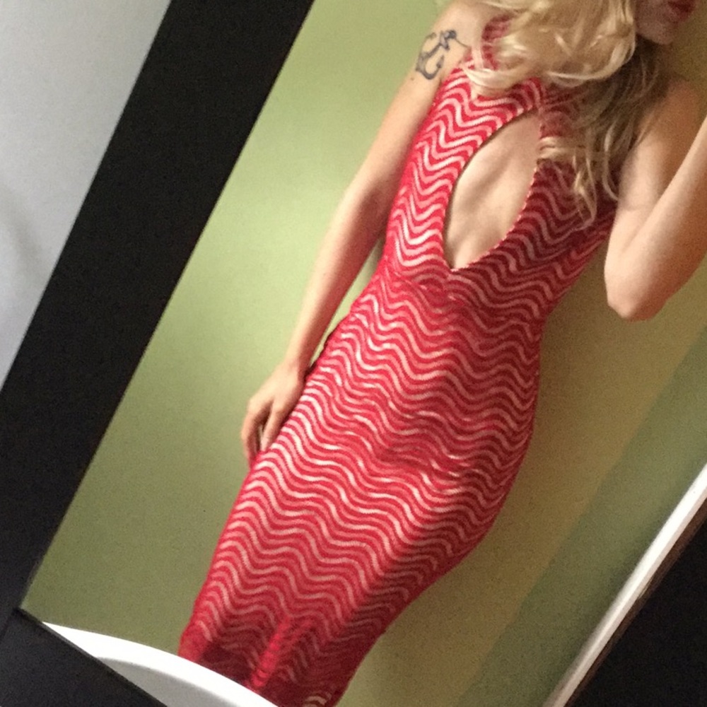 Sexy cut out stretch form fitting red nude dress